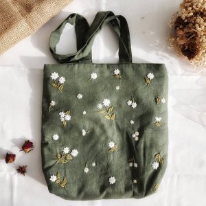 Handembroidered Daisy Linen Bag - Cute Market Bag