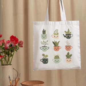 Cute Plant Tote Bag with Smiling Cups