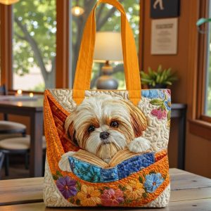 Cute Puppy Reading Book Quilt Tote Bag, Dog Lover Gift, Tote Bag Gift for Dog Mom, Book Lover Gift, Bags Gift For Dog Lover, Pet Lover Gift