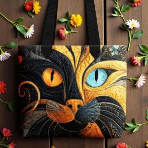 Cat Art Quilted Tote Bag - Colorful Patchwork